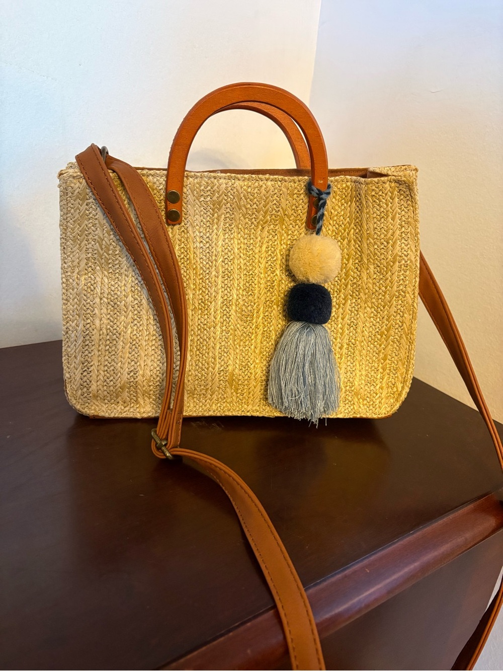 Maurices Woven Tote Bag with Wood Handles and Tassel